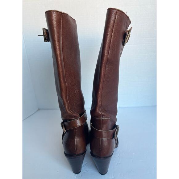 Frye Brown Leather Harness Strap Pointed Toe Knee High Pull On Heeled Boots 7.5 - Picture 6 of 14